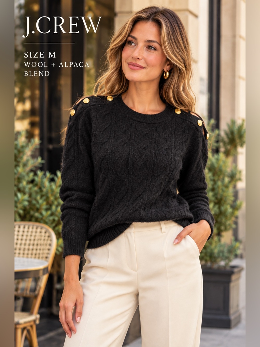 J.Crew Sweater Womens Med Black Wool Alpaca Cable Knit Soft yarn preppy pullover